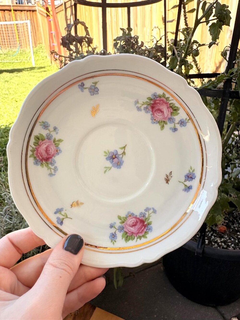 Antique Limoges France Tea Cup Saucer, Pink Roses, Gold Trim